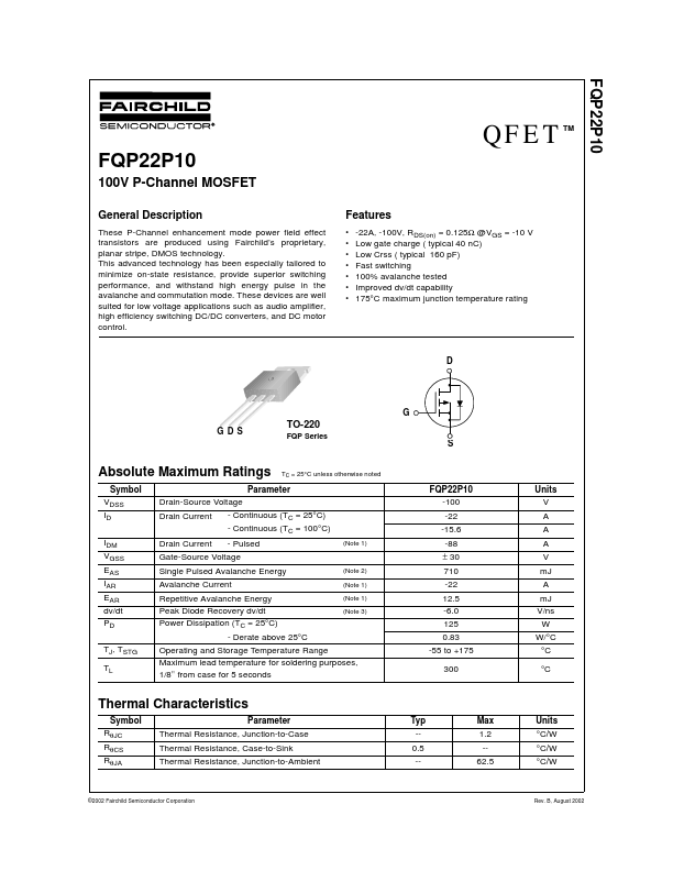 VG9 FQP22P10 Mosfet P ch 100v 22a