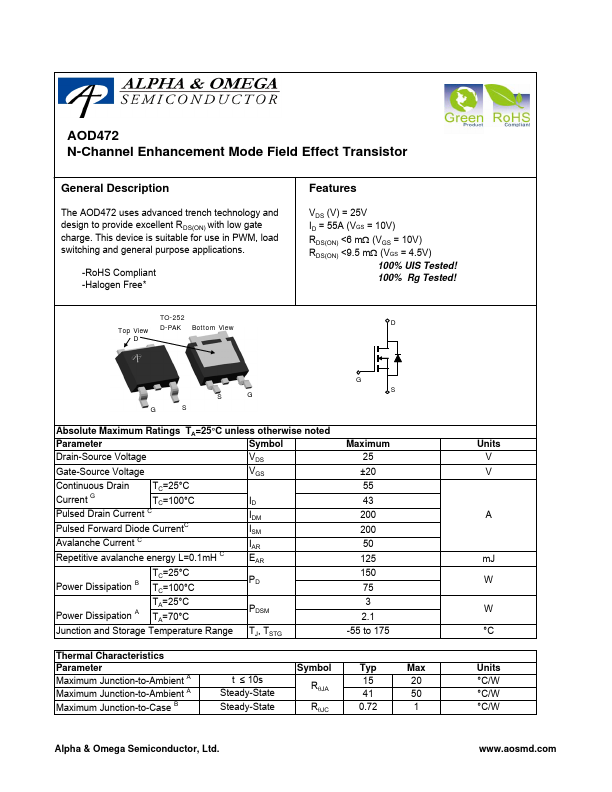 SL13- mosfet  N-ch-  AOD472 25v 50a smd