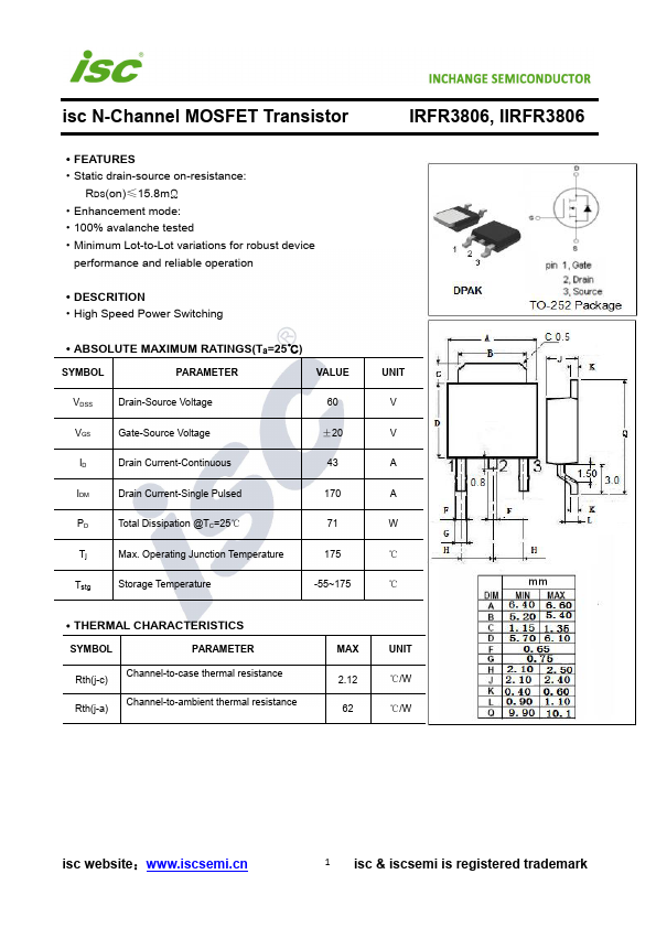 SM13 IRFR3806 mosfet  N-ch 60v 31a smd