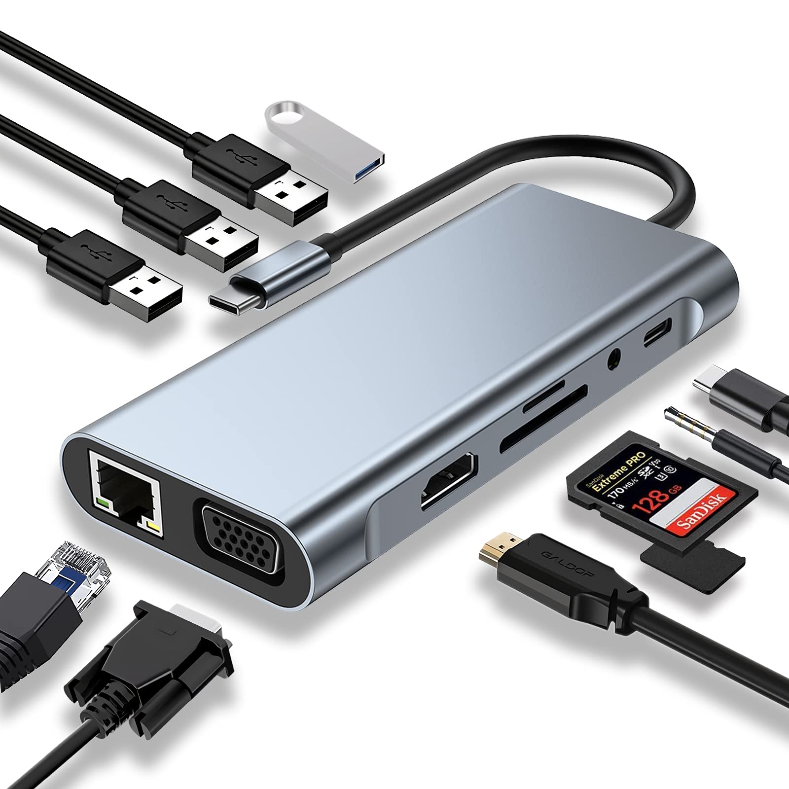TypE-C 11 in 1 Multiport Adapter Hub 1000mbps Type-c LAN SD CARD 4usb audio hdmi vga